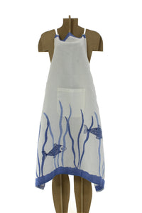 Grembiule pettorina-POSEIDONIA-Stampa-100% LINO 500 naturale sgualcito-BLU_B48-100 x H.90 cm