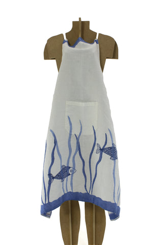 Grembiule pettorina-POSEIDONIA-Stampa-100% LINO 500 naturale sgualcito-BLU_B48-100 x H.90 cm